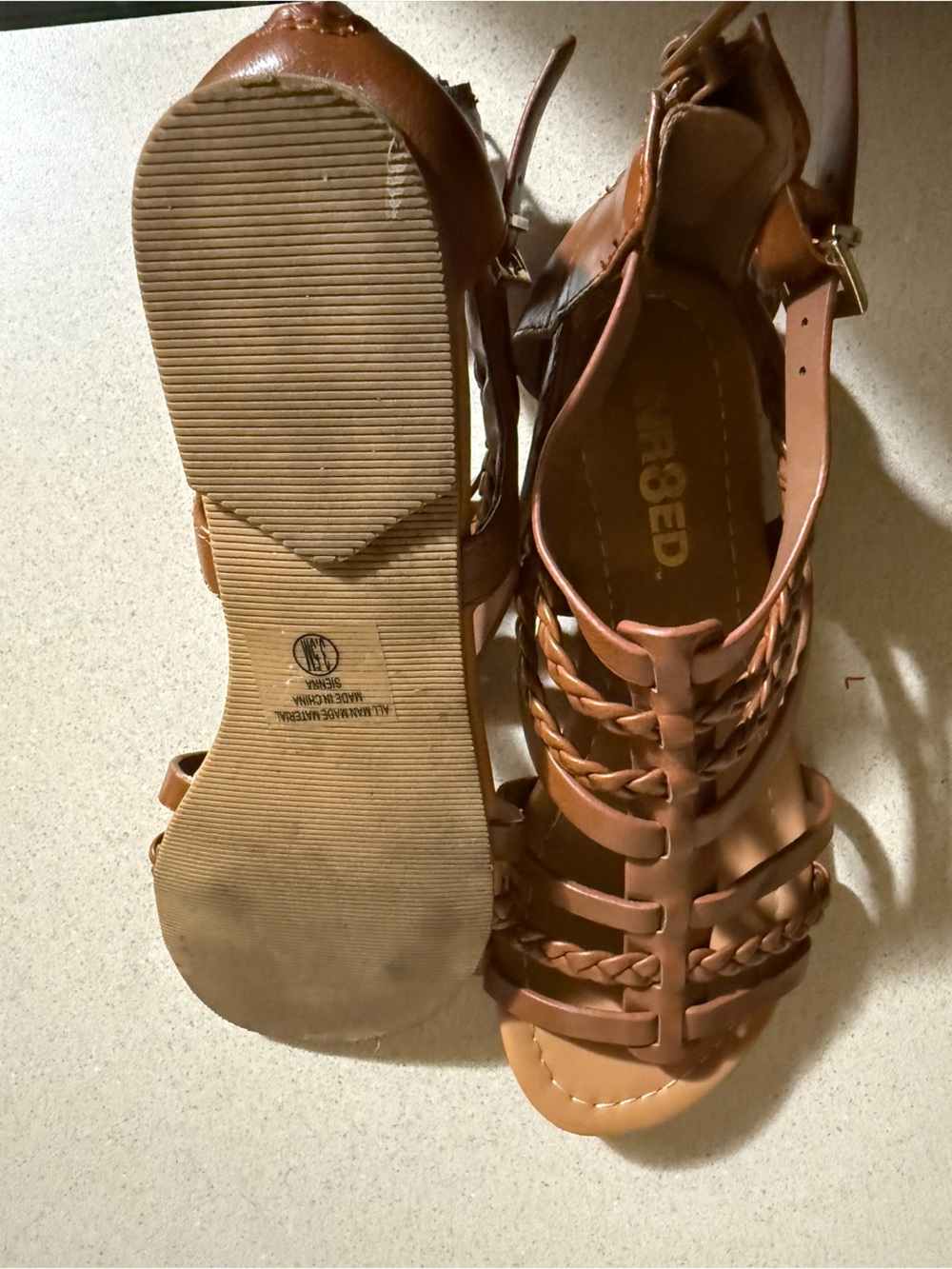 Brown Braided Gladiator Flat Sandals with Ankle Strap